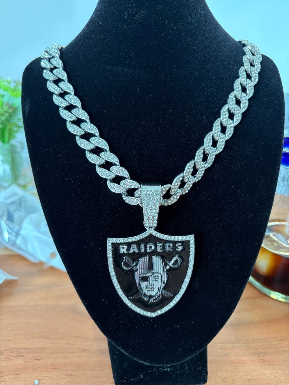 NFL Silver and Black Raiders Paved Cuban Link Pendant Necklace